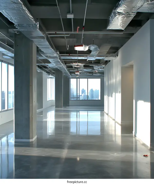 Empty Office Space With Exposed Ceiling and City View
