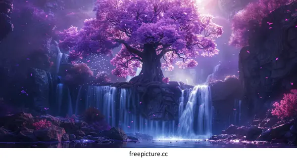 Enchanted Waterfall and Glowing Tree