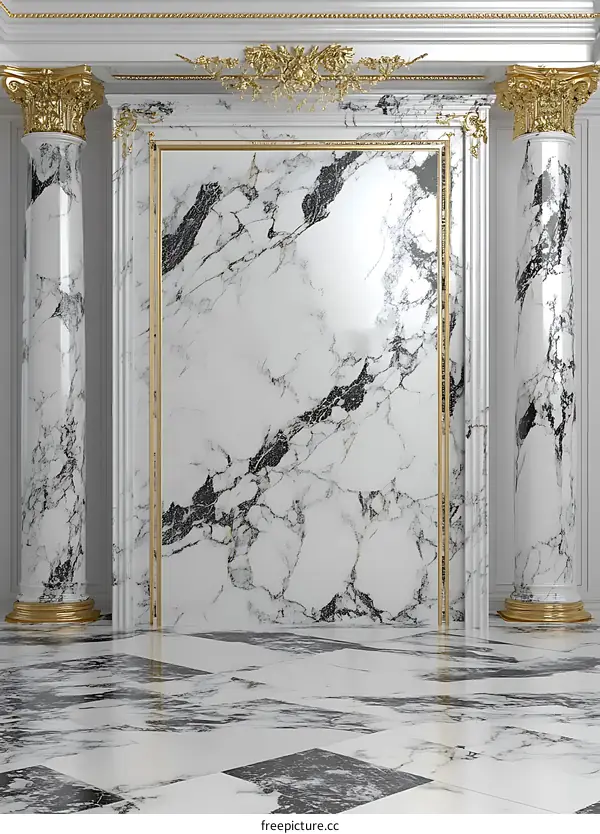 Marble Wall with Gold Trim and Columns