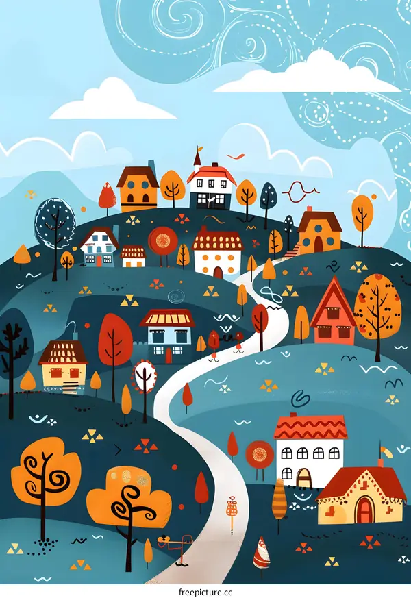Cute Colorful Illustration of a Cartoon Village with Houses, Trees and a Winding Road