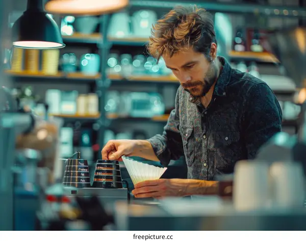 Focused barista making pour-over coffee in a coffee shop