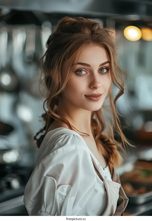 portrait of a beautiful young woman with brown hair and green eyes wearing a white blouse and apron in a commercial kitchen