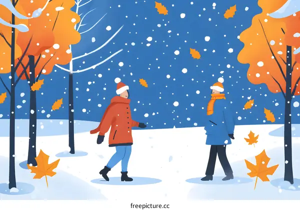 Winter Illustration of Two People Walking in the Snow