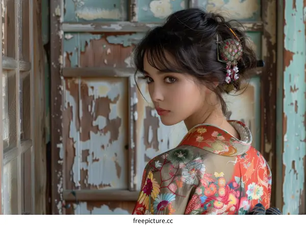 Portrait of a young woman in a kimono