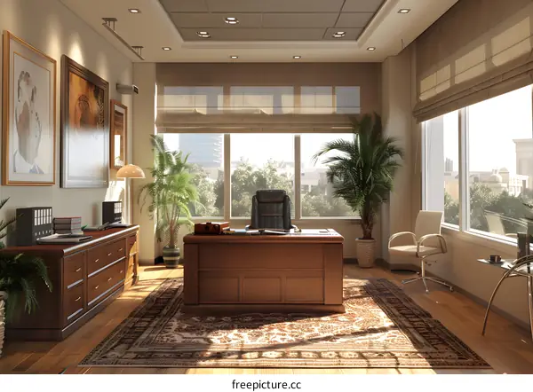 Office interior with large windows and a brown patterned carpet