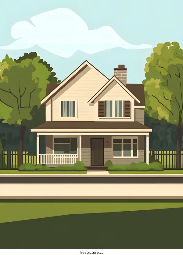Suburban House Illustration with Green Trees