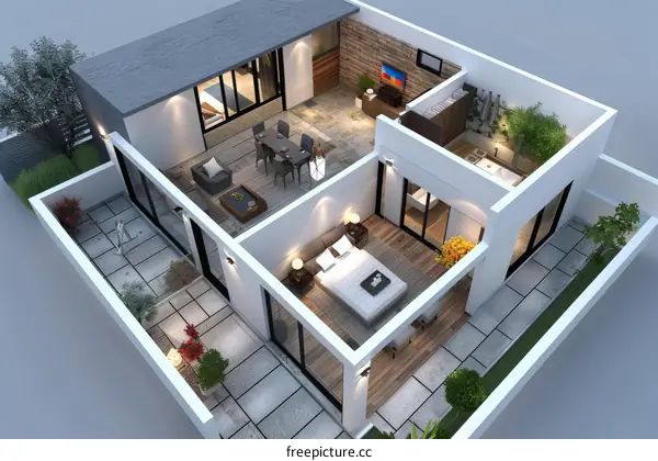 Modern Three-Story House with Garden - Aerial View