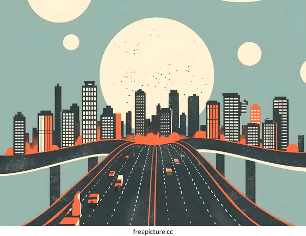 Modern Cityscape with Highway and Moon