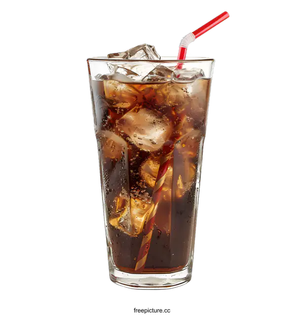 [Transparent Background PNG]Glass of Cola with Ice Cubes and Straw on White Background