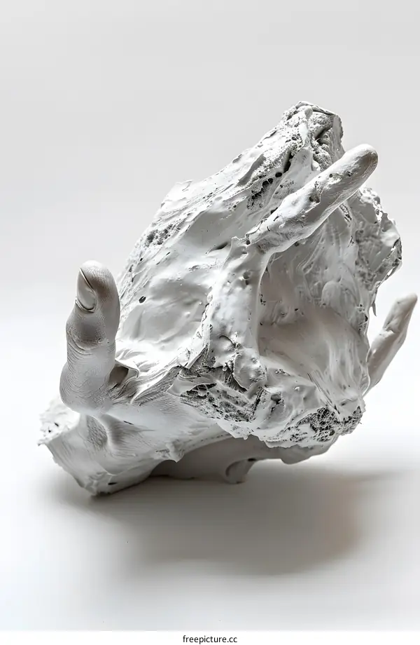 A white sculpture of a hand sticking out of a white surface