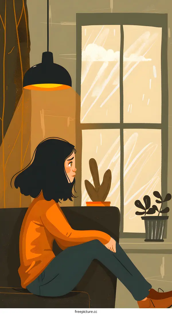 Woman Sitting by the Window with Rain