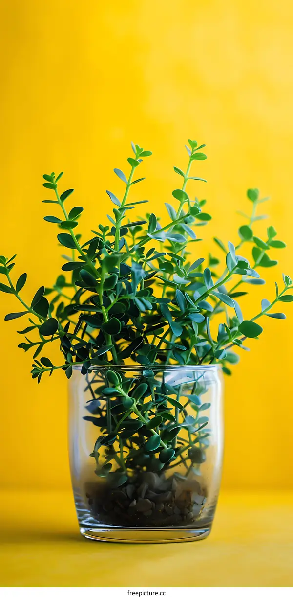 Green Plant in a Glass Vase on a Yellow Background