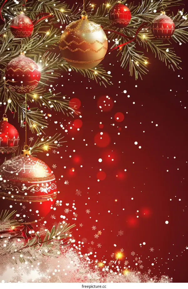 Christmas Tree Branch Decorated with Red and Gold Ornaments