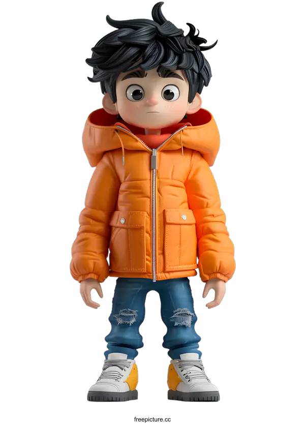[Transparent Background PNG]Cartoon Boy Wearing Orange Jacket and Blue Jeans