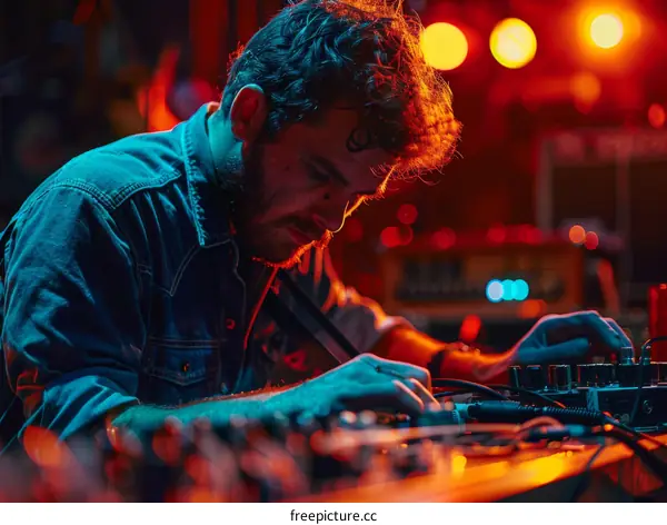 A musician is operating a sound mixer in a dimly lit room
