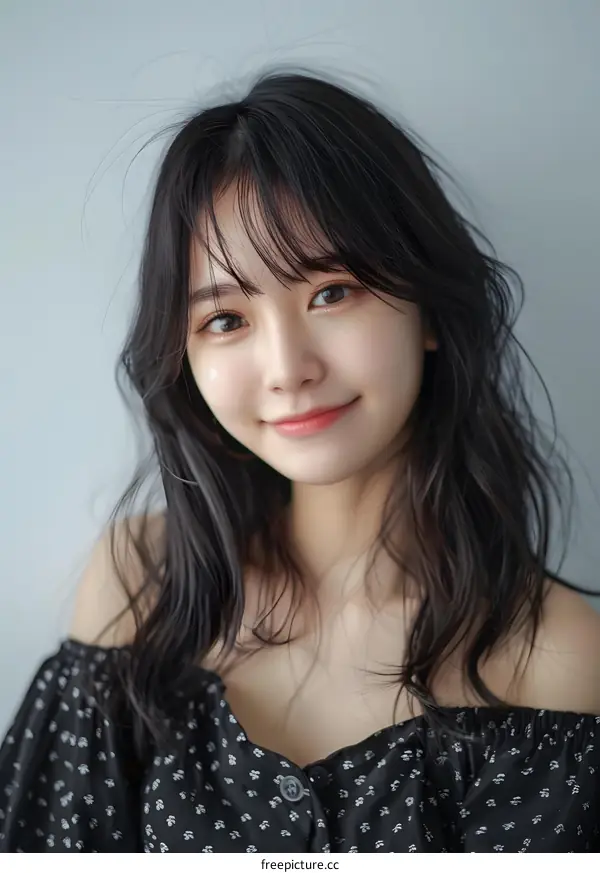 Portrait of a Young Woman with Long Black Hair and a Smile