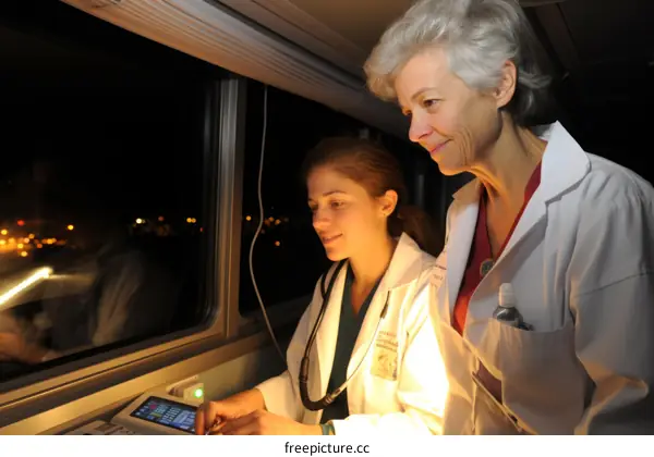 Two female doctors looking at a computer screen
