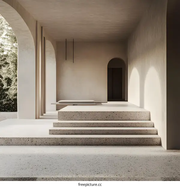 Minimalist Architecture with Steps and Arched Entrance