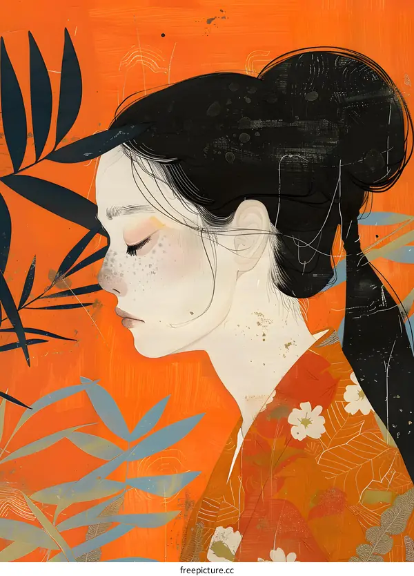 Woman with Black Hair and Orange Background Illustration