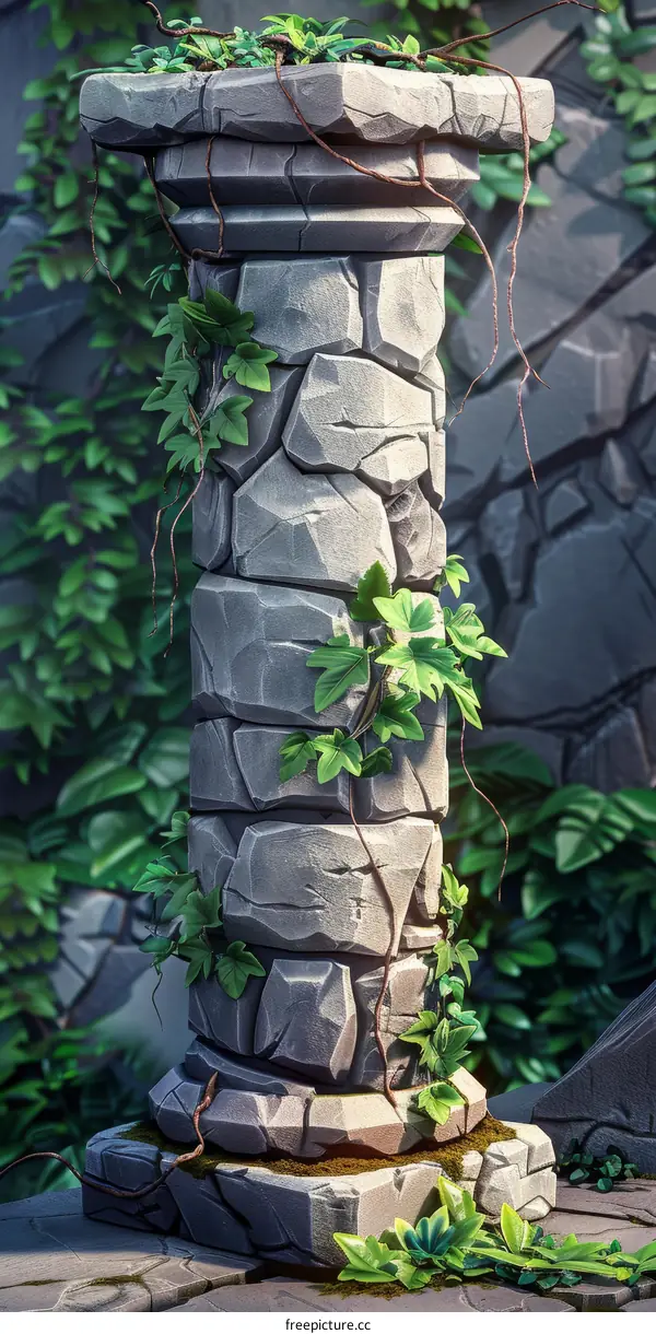 Ancient Stone Pillar Covered in Vines