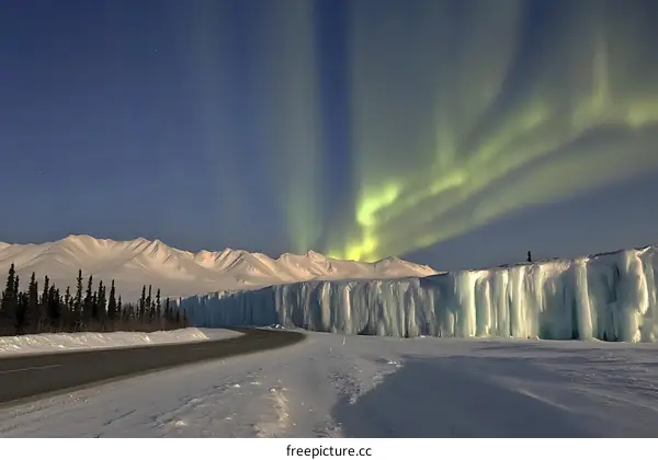 Northern Lights Display Over Ice Wall in Alaska