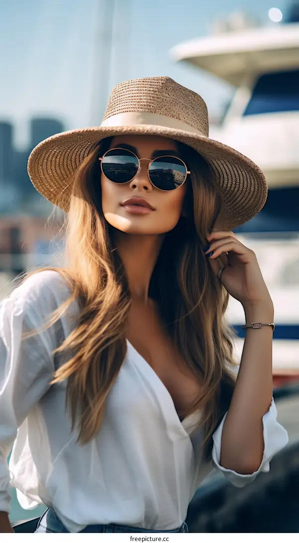 Alluring Young Woman Wearing Straw Hat and Sunglasses Posing on a Yacht