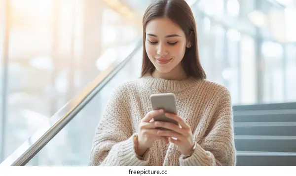 Asian Woman Using Smartphone in Modern Building