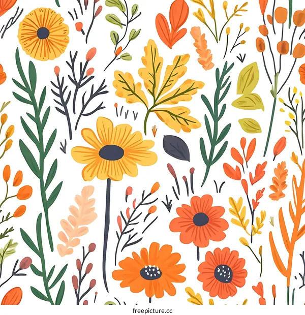 Seamless Pattern with Yellow and Orange Flowers and Green Leaves