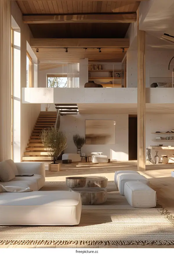 Modern Minimalist Open Plan Living Room with Loft