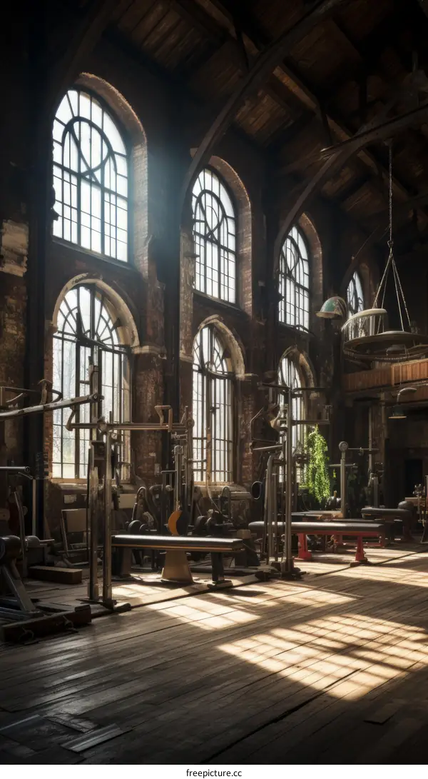 Vintage Industrial Gym Interior with Arched Windows