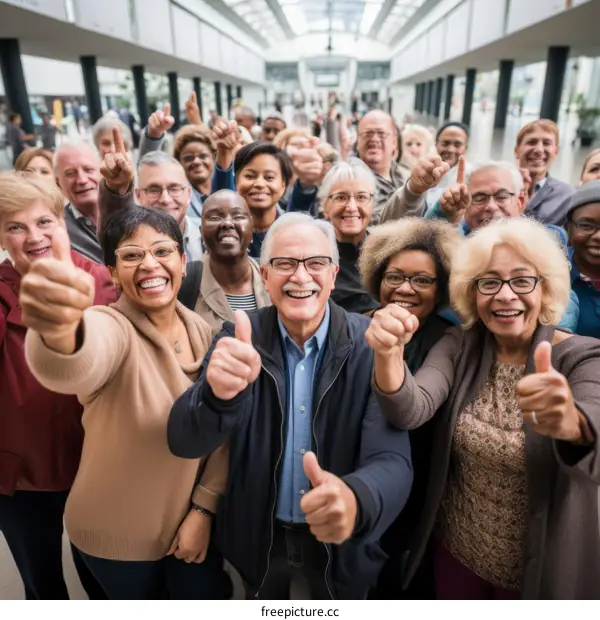 A group of diverse elderly people giving thumbs up