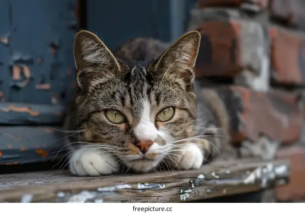 A ginger cat is sitting on a wooden railing