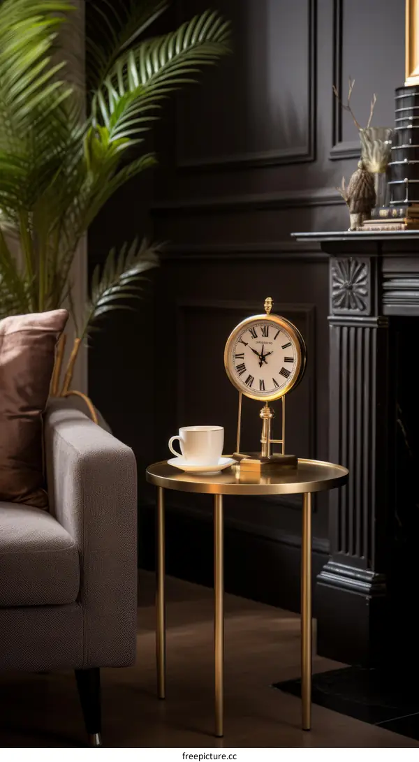 Elegant living room interior with sofa, coffee table, clock and fireplace