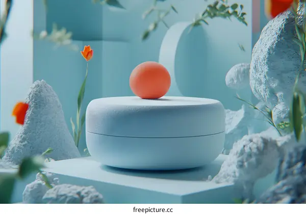 Abstract 3D Render Minimalist Blue Background with Orange Sphere