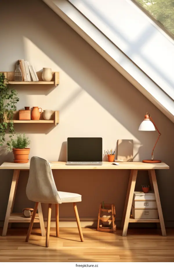 A cozy home office with a large desk, a comfortable chair, and a bright window