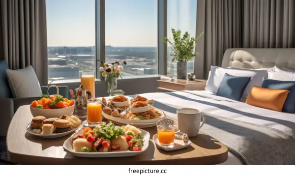 A delicious breakfast spread with a view of the city