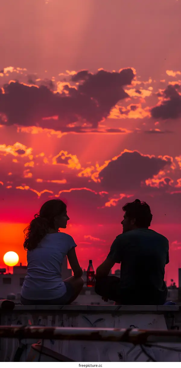 Couple Sitting On Rooftop At Sunset