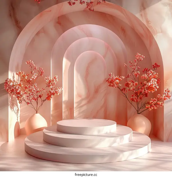 3D rendering of pink podium with pink flowers