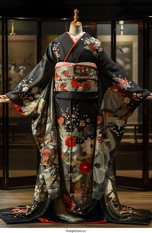 A kimono with a pattern of flowers and birds