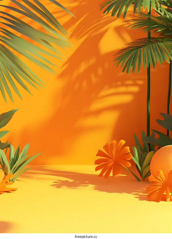 Tropical Summer Background with Palm Leaves and Flowers