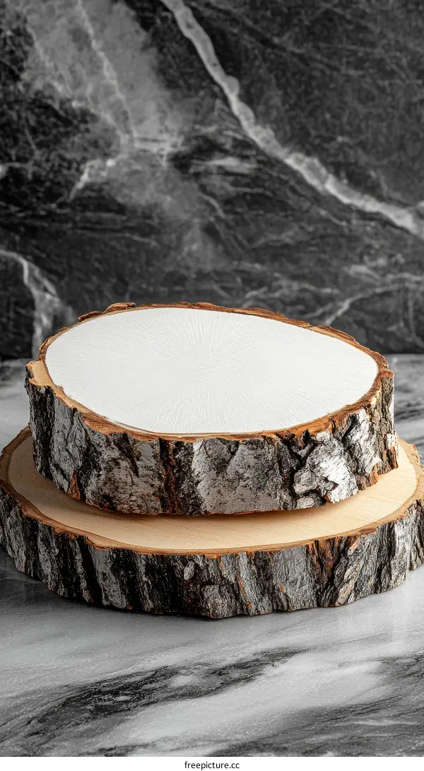 Wooden Slice Display Stands on Marble Background