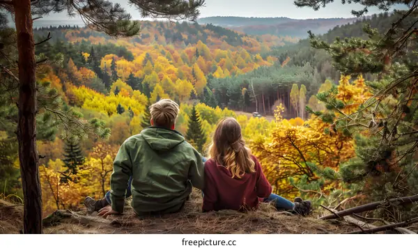 Couple Sitting On Cliff Overlooking Autumn Forest