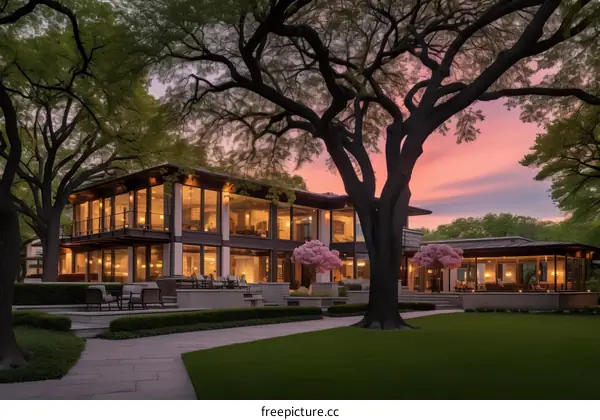 Modern luxury house exterior with beautiful landscape and pink trees