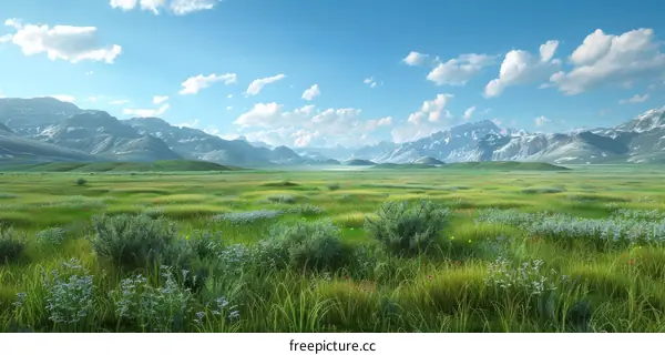 Vast Green Prairie Landscape with Snow-Capped Mountains