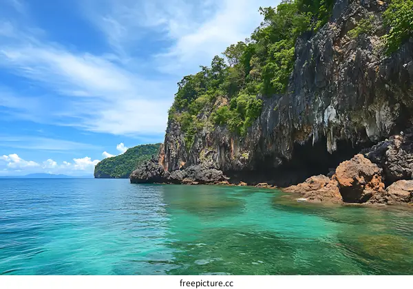 Tropical Cliffside Cave in Clear Blue Water