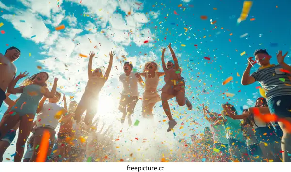 People jumping in the air while colorful confetti falls from the sky