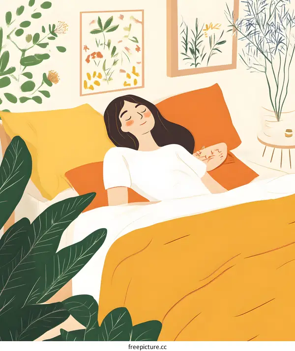 Sleeping Woman on Bed with Floral Decor