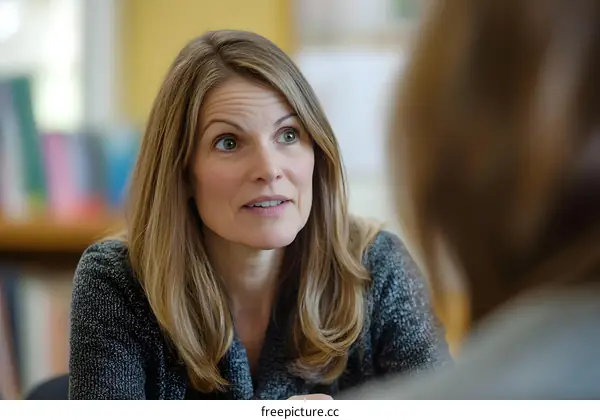 Woman with Blonde Hair Looking Up and Talking to Another Person