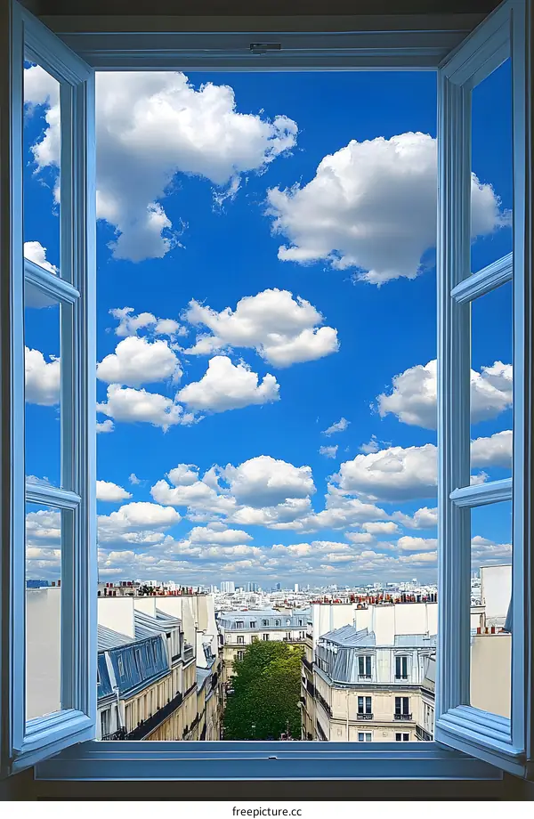 Open Window View Of Paris Cityscape With Cloudy Sky
