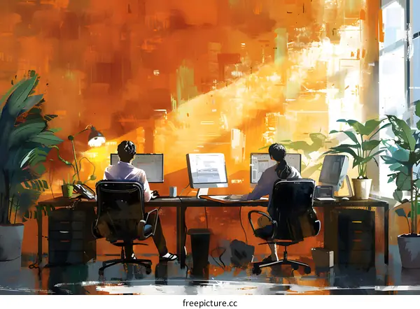 Two people working in an office